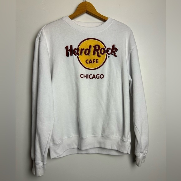 Hard Rock Cafe Chicago Fleece Long Sleeve Sweatshirt White Size M - Picture 1 of 9